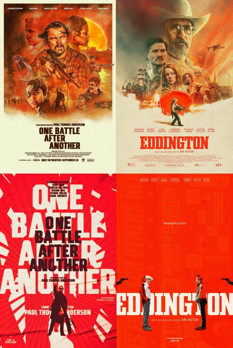 海报“撞脸”的《一战再战》（左侧上下）和《爱丁顿》（右侧上下）
